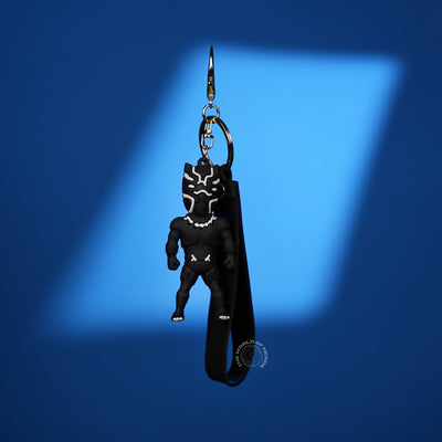 Black Panther Chibi 3D Rubber Keychain with “Hero” Strap