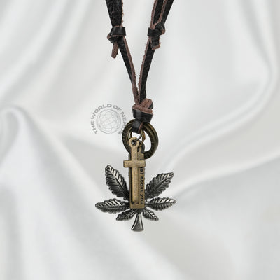 Metal Weed Leaf Leather Chain Stylish Fashion Accessory - 2