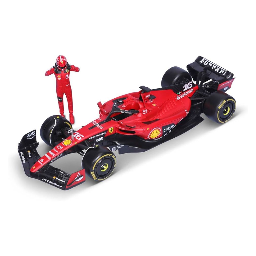 BBURAGO SF 23 RED FERRARI FORMULA RACING WITH DRIVER FIGURE CHARLES LECLERC SCALE - 1:24