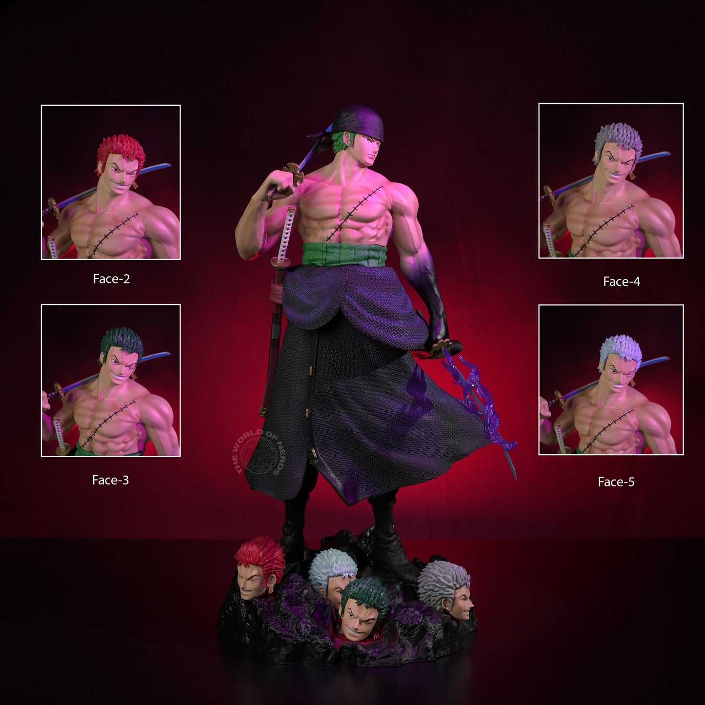 Roronoa Zoro Multi-Head Action Figure 50cm – One Piece Premium Anime Collectible with Diorama Base - The World Of Nerds